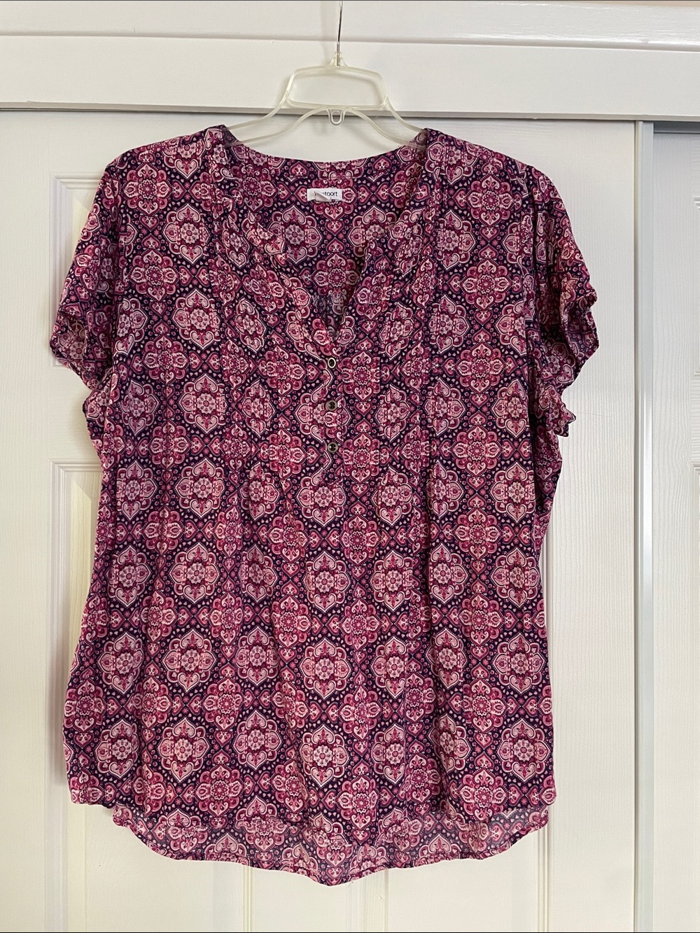 Westport Women’s Rayon Patterned Pink Medallion Short Sleeve Top